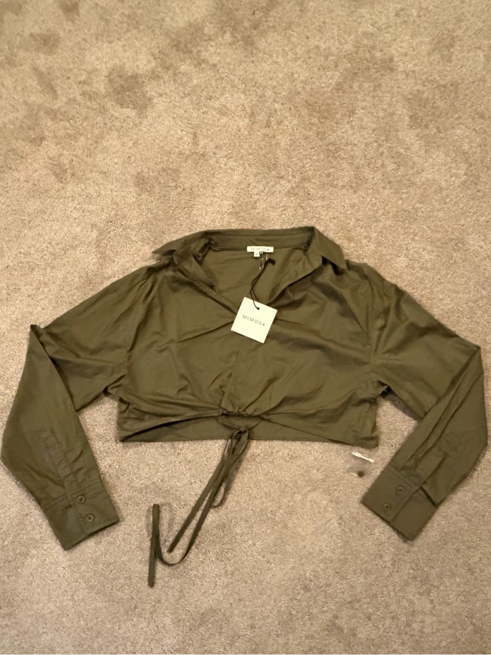 Mimosa NWT Olive Green Cropped Tie Front Blouse Size M